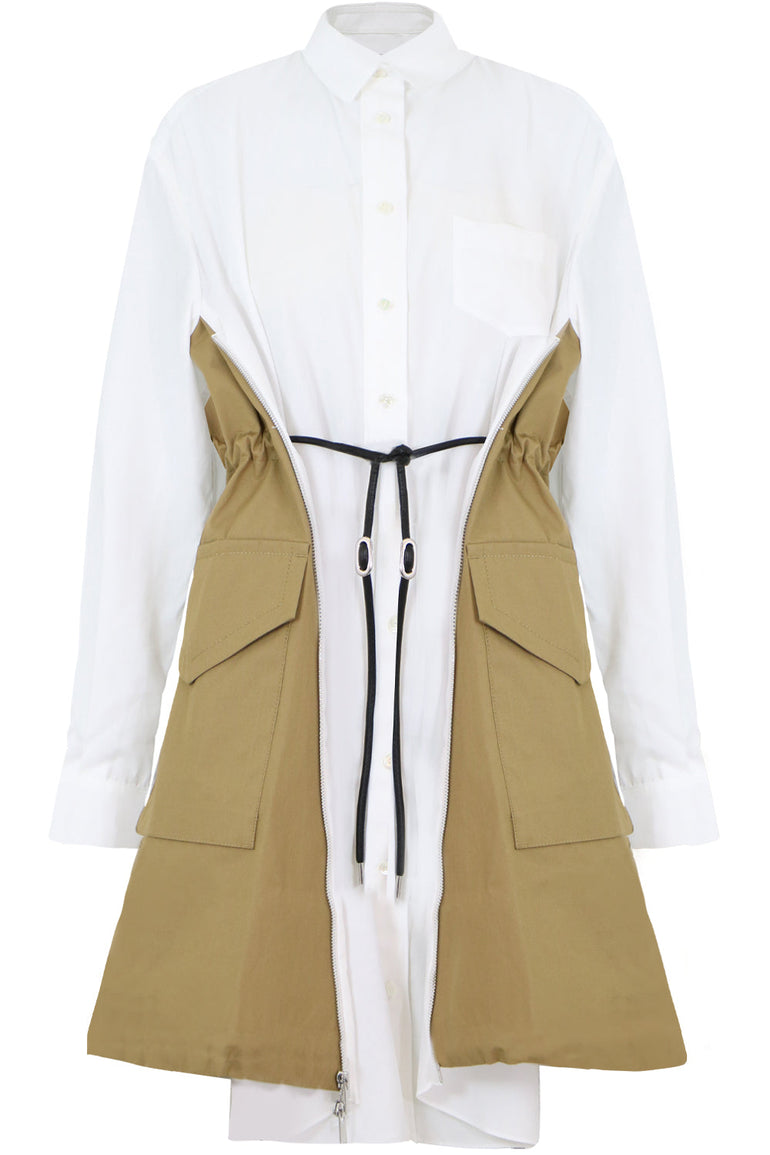 SACAI RTW SIDE ZIP POPLIN PANEL DRESS WHITE/BEIGE