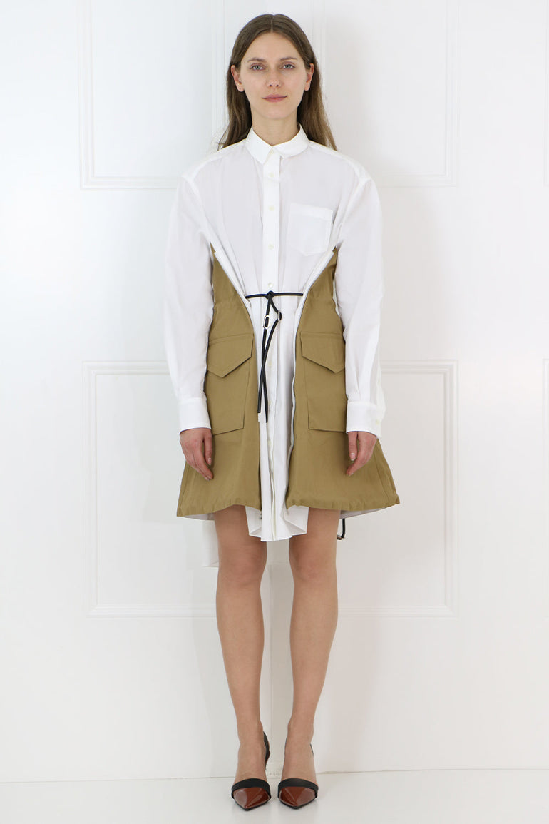 SACAI RTW SIDE ZIP POPLIN PANEL DRESS WHITE/BEIGE