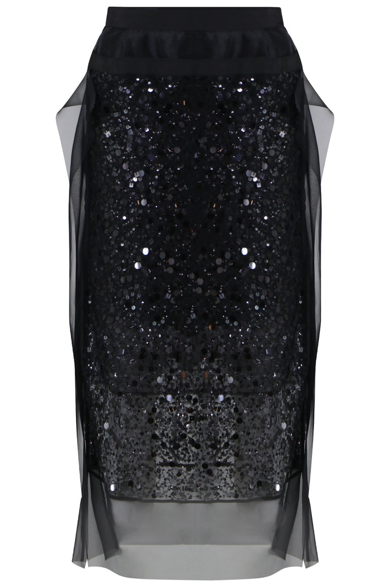 SACAI RTW SPANGLE EMBROIDERED MIDI SKIRT BLACK