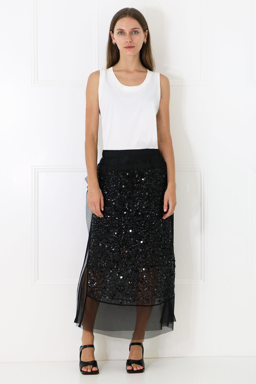 SACAI RTW SPANGLE EMBROIDERED MIDI SKIRT BLACK