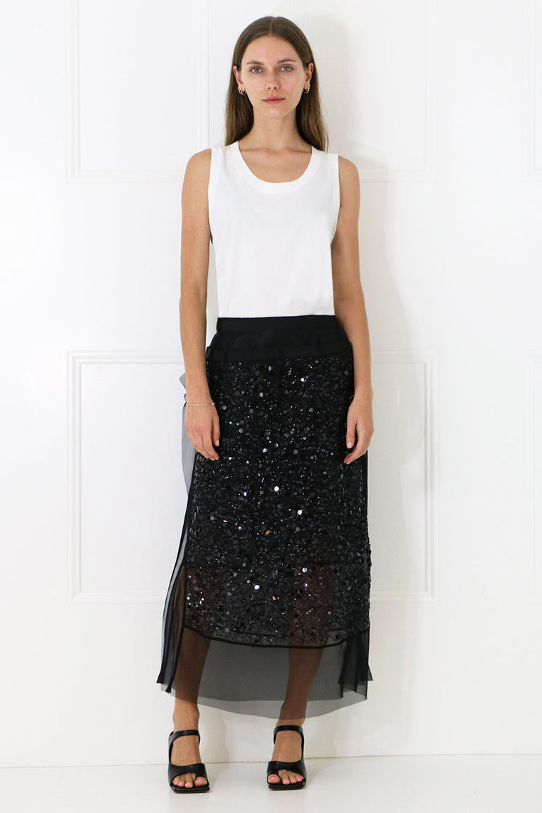 SACAI RTW SPANGLE EMBROIDERED MIDI SKIRT BLACK