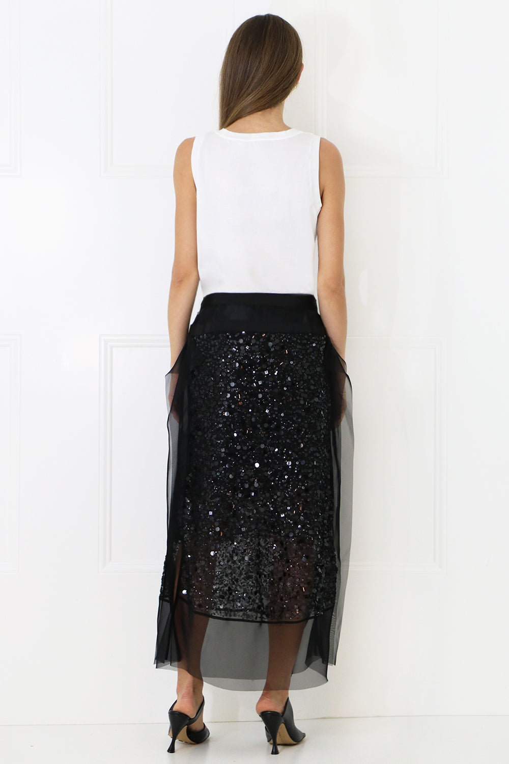 SACAI RTW SPANGLE EMBROIDERED MIDI SKIRT BLACK