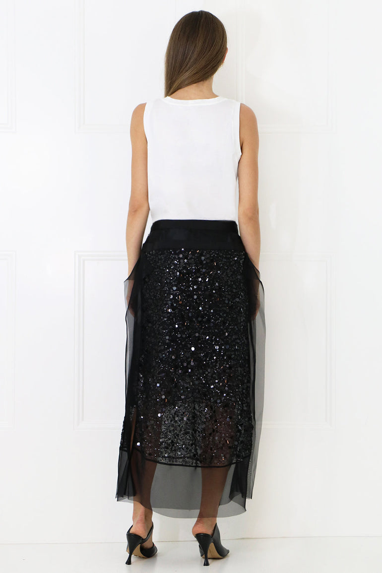 SACAI RTW SPANGLE EMBROIDERED MIDI SKIRT BLACK