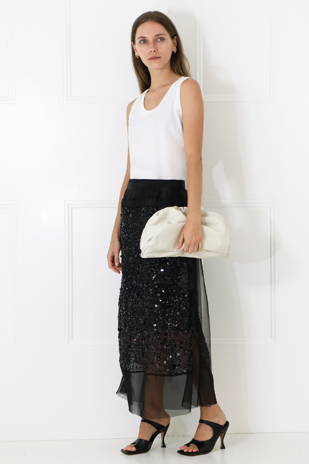 SACAI RTW SPANGLE EMBROIDERED MIDI SKIRT BLACK