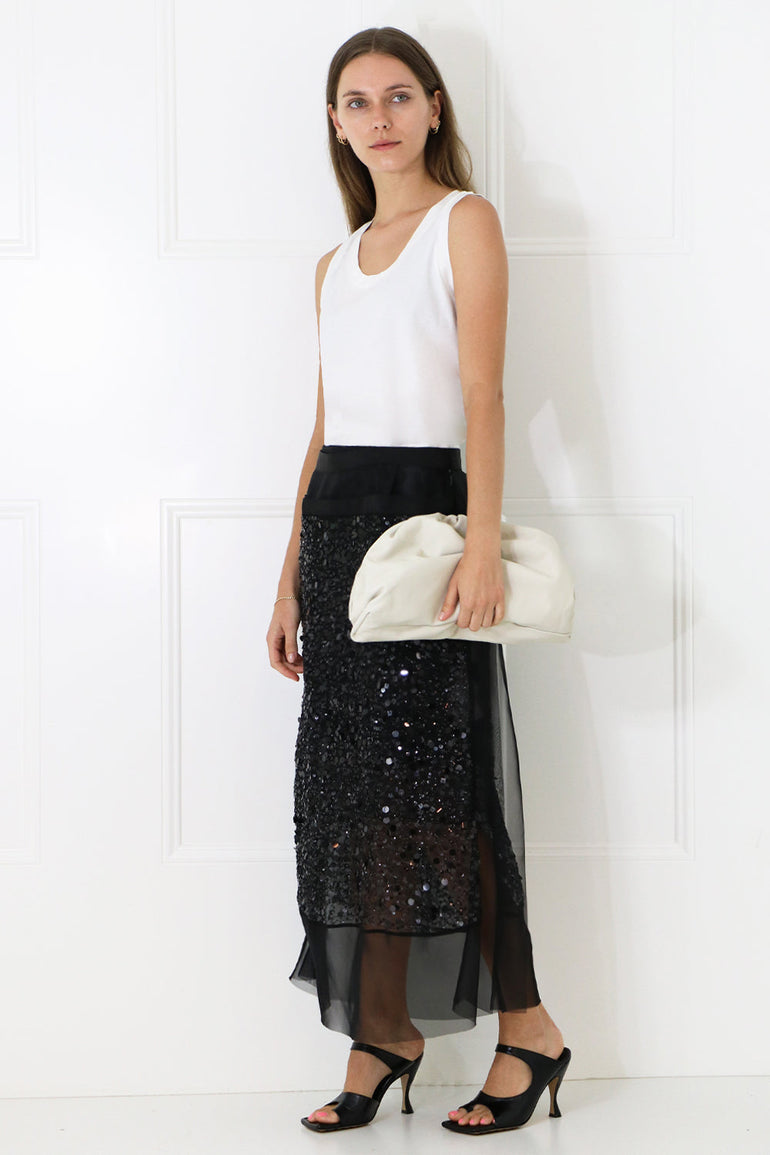 SACAI RTW SPANGLE EMBROIDERED MIDI SKIRT BLACK