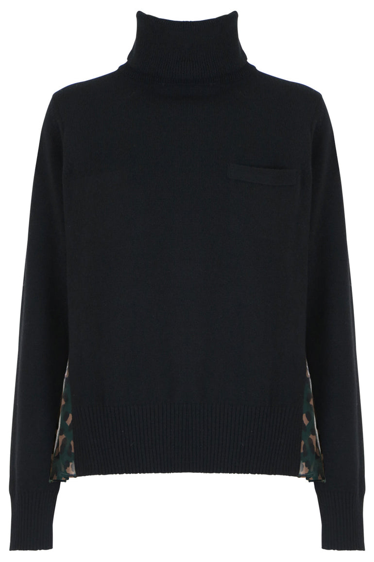 SACAI RTW TURTLENECK KNIT LEOPARD PRINT BACK GREEN