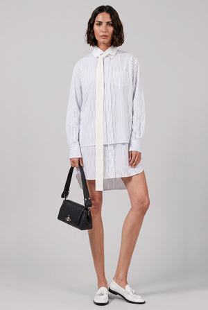 Layer stripe Shirt Dress with Tie Neck Detail | Off White