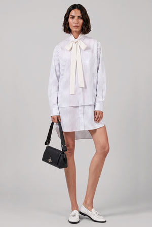 Layer stripe Shirt Dress with Tie Neck Detail | Off White