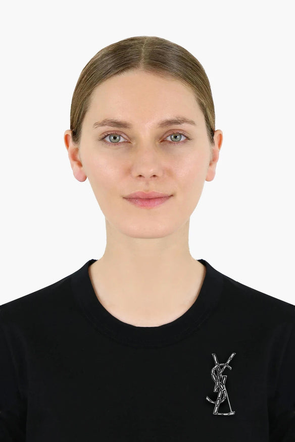 Saint Laurent Women Silver Crocodile Texture Monogram Brooch For Women main image 1