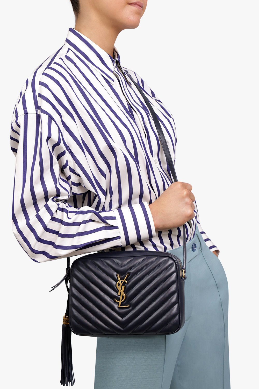 SAINT LAURENT BAGS BLUE LOU QUILTED CAMERA BAG | DEEP MARINE/GOLD