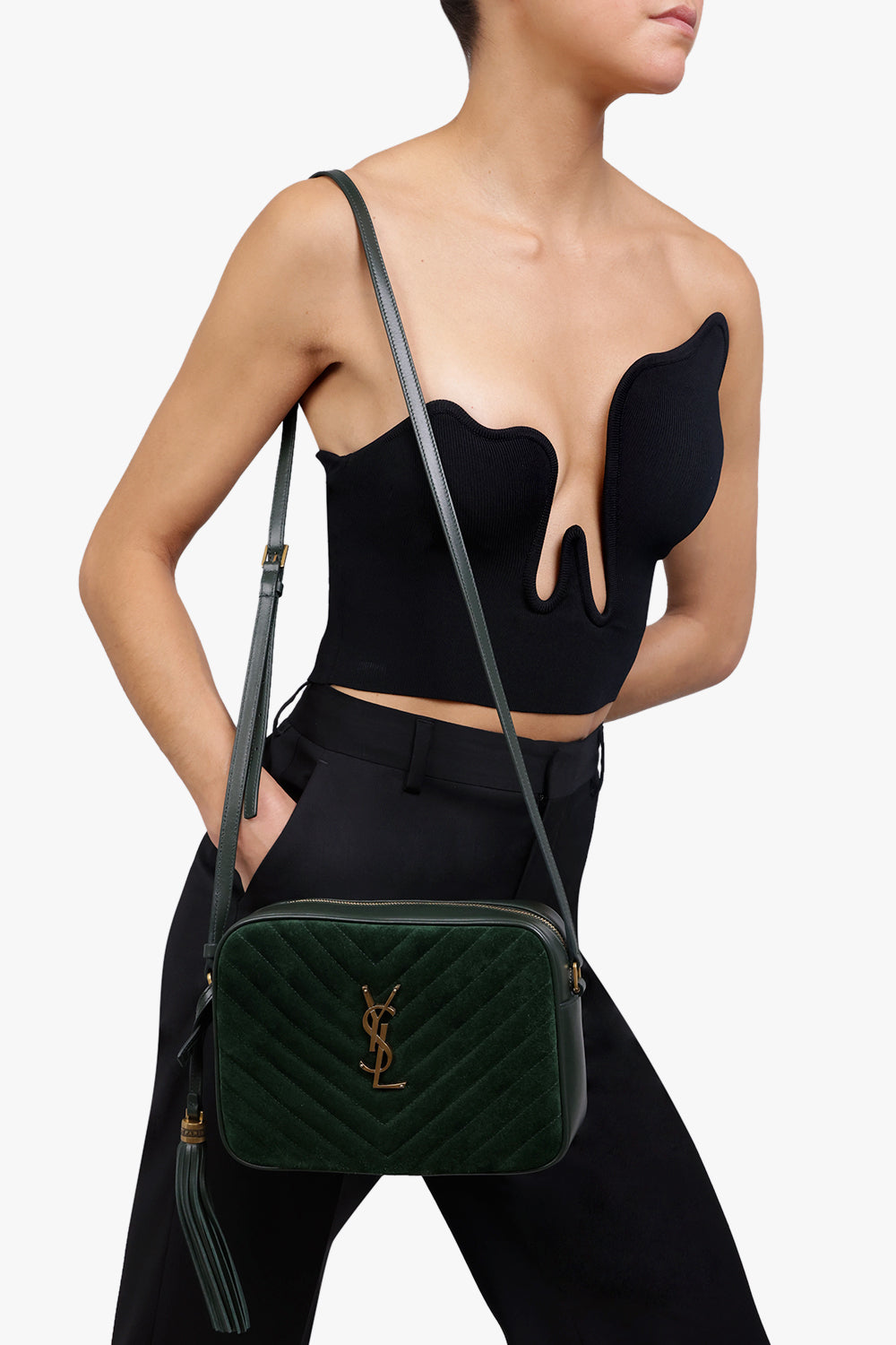 SAINT LAURENT BAGS MULTI LOU QUILTED SUEDE CAMERA BAG | NEW VERT FONCE/GOLD