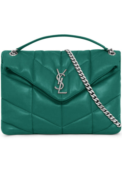 SAINT LAURENT LOULOU MEDIUM PUFFER BAG GREEN FIELD SILVER