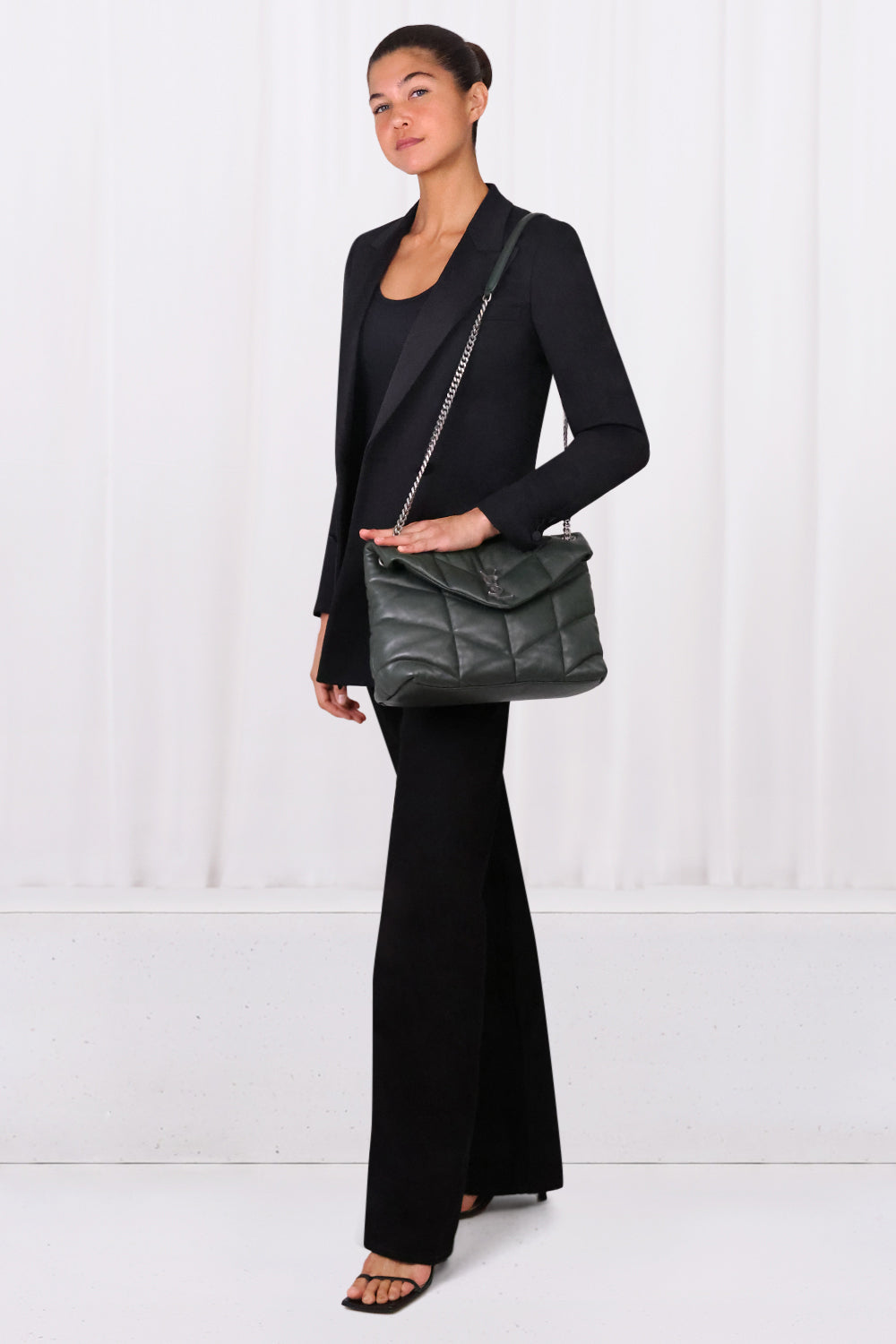 SAINT LAURENT BAGS MULTI LOULOU MEDIUM PUFFER BAG GREEN/SILVER