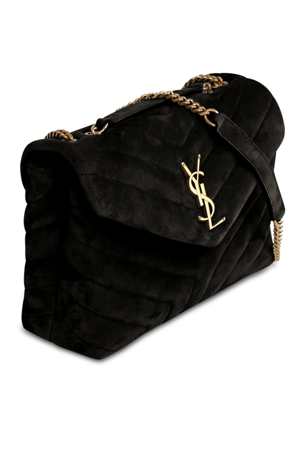 SAINT LAURENT BAGS BLACK LOULOU SMALL FLAP BAG SUEDE BLACK/GOLD