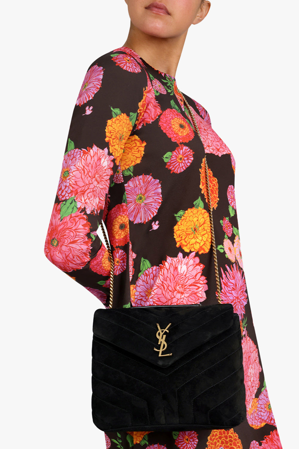 SAINT LAURENT BAGS BLACK LOULOU SMALL FLAP BAG SUEDE BLACK/GOLD