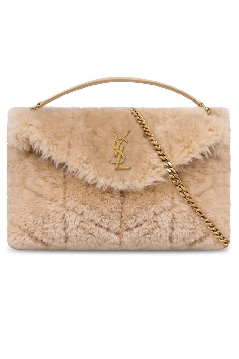 SAINT LAURENT LOULOU SMALL SHEARLING PUFFER BAG NATURAL BEIGE