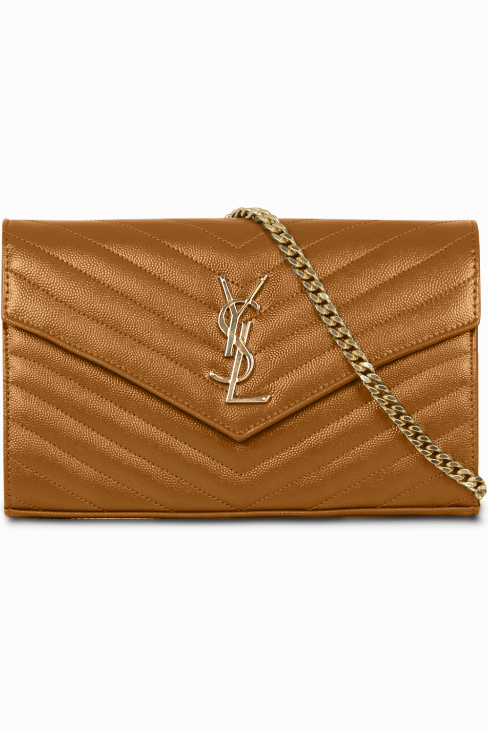 SAINT LAURENT BAGS BROWN MONOGRAMME QUILTED CHAIN WALLET | NATURAL DARK/GOLD