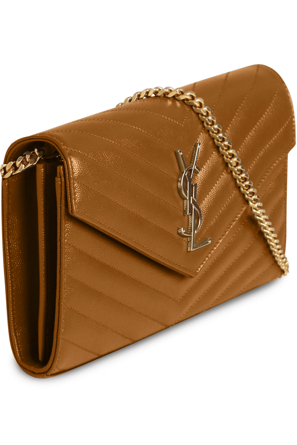 SAINT LAURENT BAGS BROWN MONOGRAMME QUILTED CHAIN WALLET | NATURAL DARK/GOLD