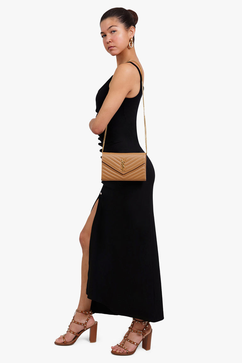 SAINT LAURENT BAGS BROWN MONOGRAMME QUILTED CHAIN WALLET | NATURAL DARK/GOLD