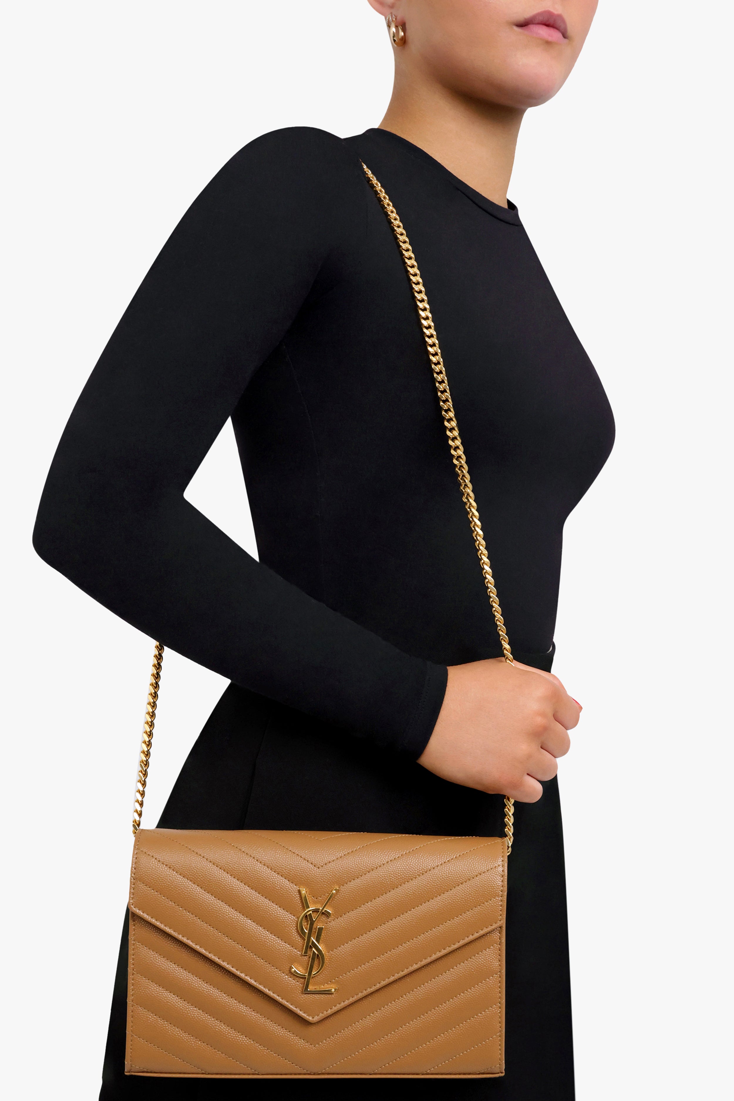 SAINT LAURENT BAGS BROWN MONOGRAMME QUILTED CHAIN WALLET | NATURAL DARK/GOLD