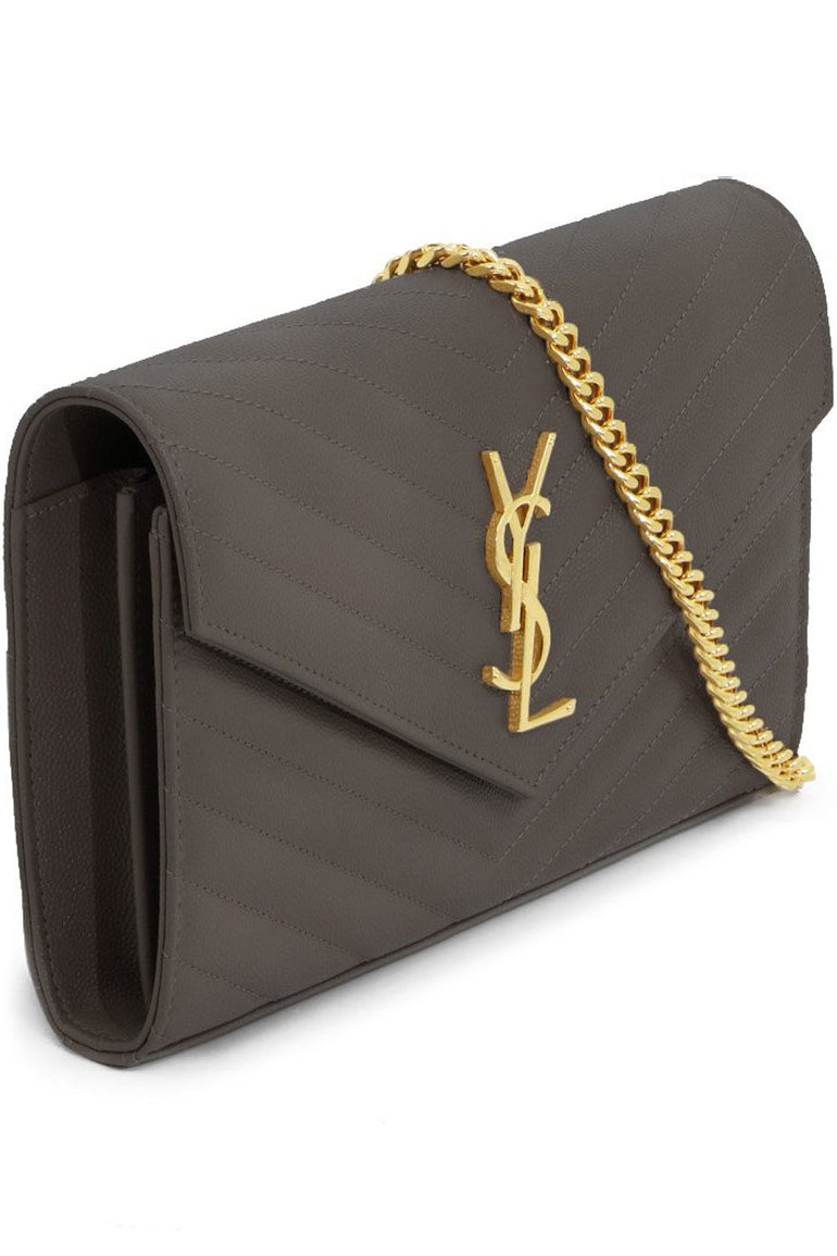 SAINT LAURENT BAGS GREY MONOGRAMME QUILTED CHAIN WALLET | PEBBLE/GOLD