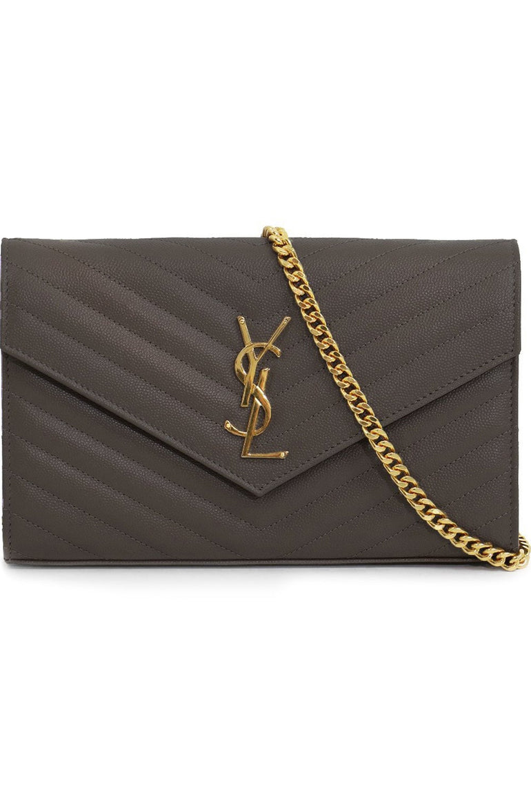 SAINT LAURENT BAGS GREY MONOGRAMME QUILTED CHAIN WALLET | PEBBLE/GOLD