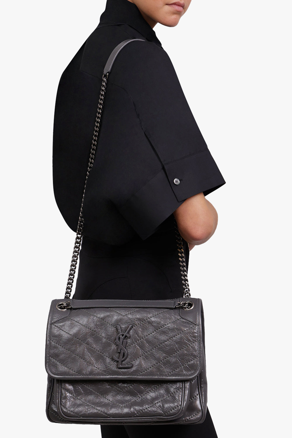 SAINT LAURENT BAGS GREY NIKI MEDIUM CRINKLED BAG | STORM