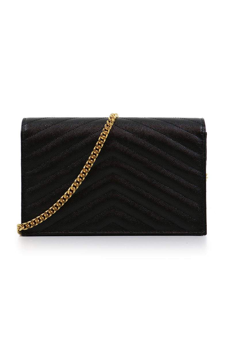 SAINT LAURENT BAGS BLACK SMALL MONOGRAMME QUILTED CHAIN WALLET | BLACK/GOLD