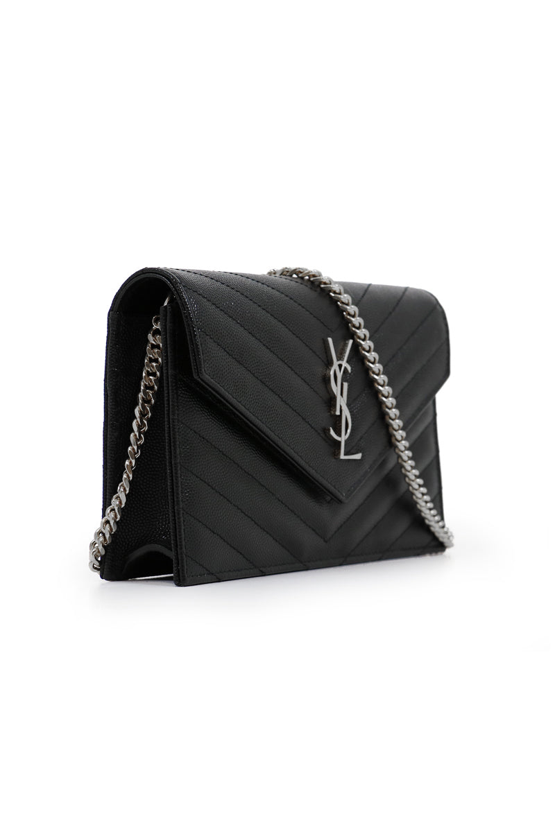 SAINT LAURENT BAGS BLACK SMALL MONOGRAMME QUILTED CHAIN WALLET | BLACK/SILVER