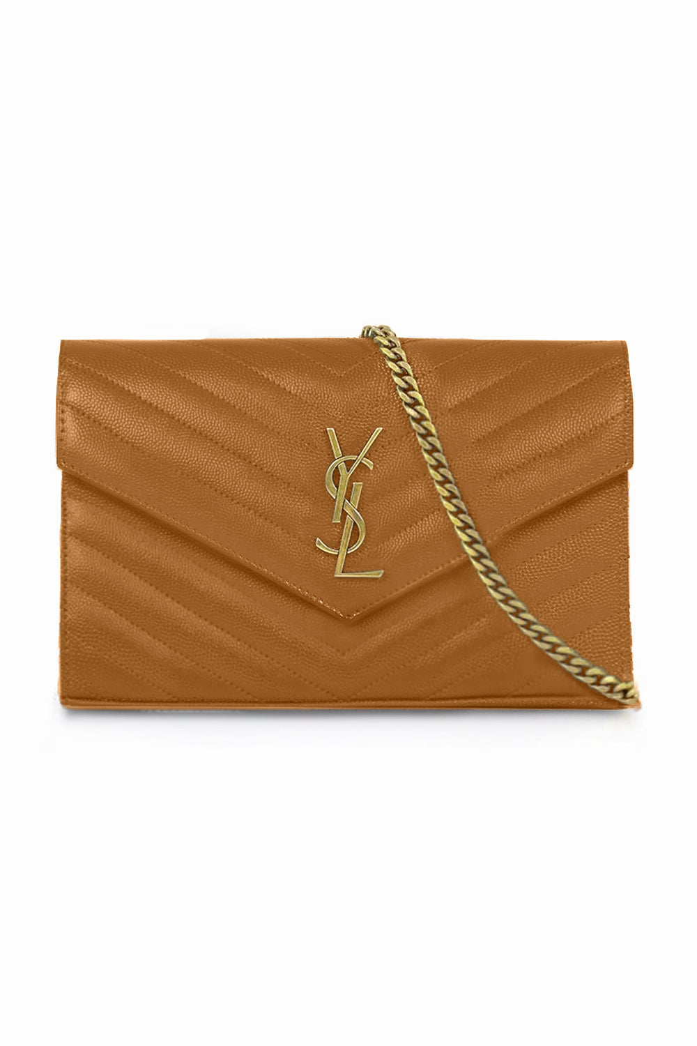 SAINT LAURENT BAGS BROWN SMALL MONOGRAMME QUILTED CHAIN WALLET | NATURAL DARK/GOLD