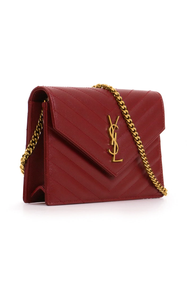 SAINT LAURENT BAGS RED SMALL MONOGRAMME QUILTED CHAIN WALLET | OPYUM RED/GOLD