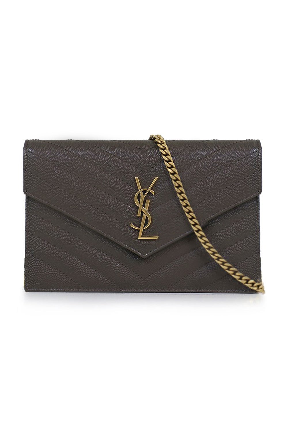 SAINT LAURENT BAGS BROWN SMALL MONOGRAMME QUILTED CHAIN WALLET | PEBBLE/GOLD