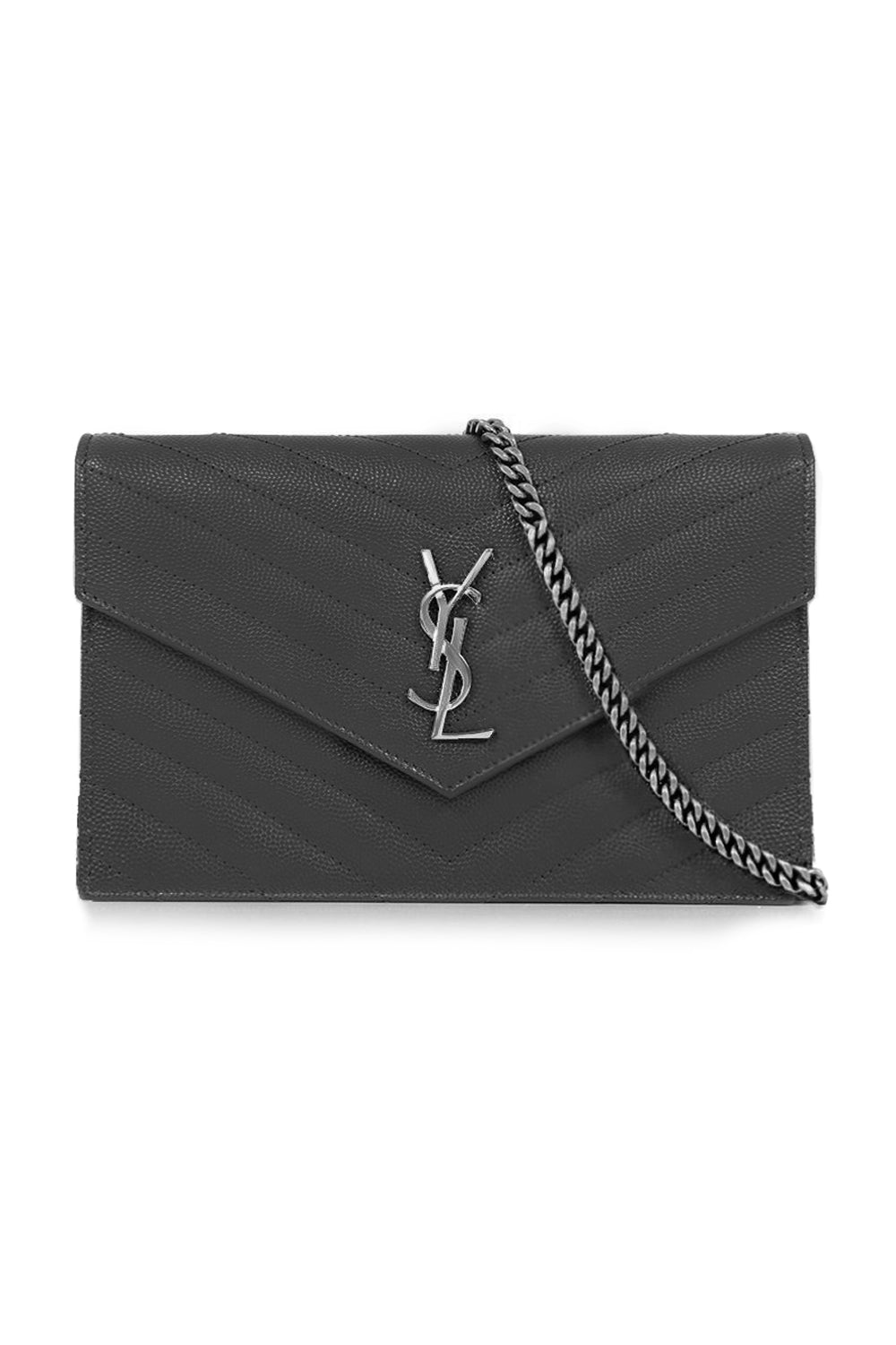 SAINT LAURENT BAGS GREY SMALL MONOGRAMME QUILTED CHAIN WALLET | STORM/SILVER