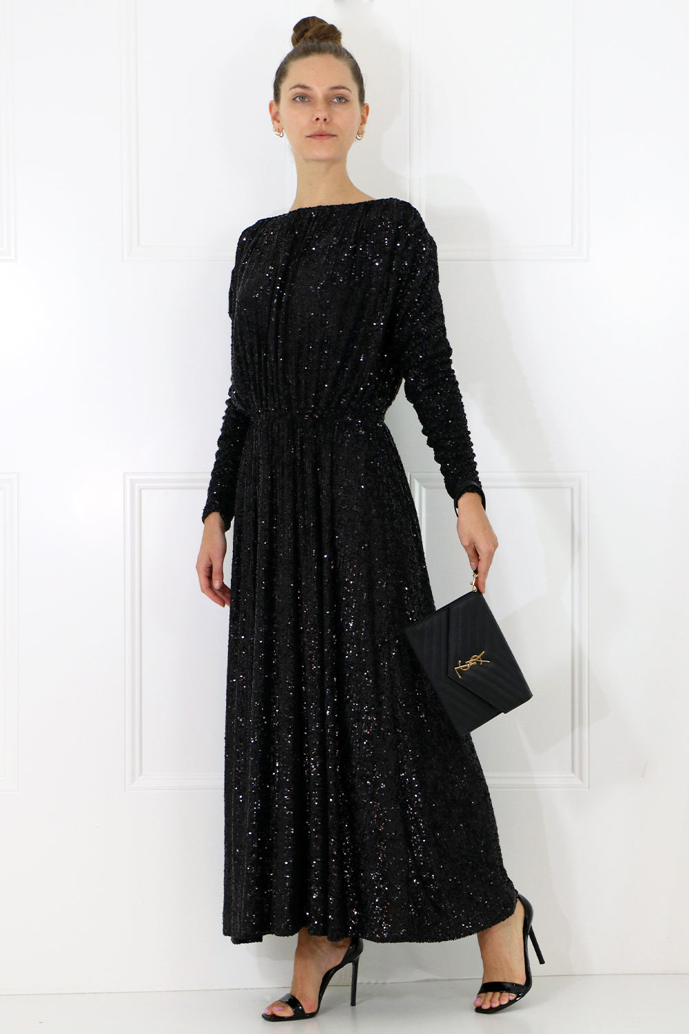 SAINT LAURENT RTW SEQUINED MAXI DRESS L/S BLACK