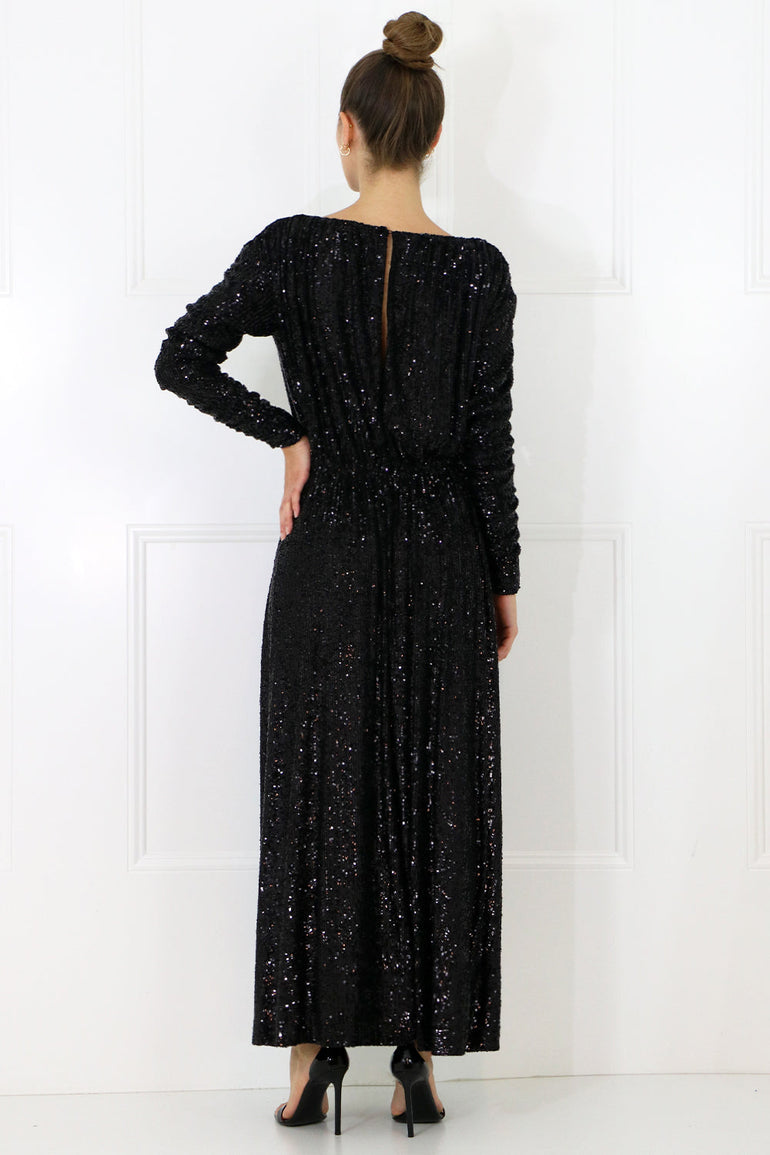 SAINT LAURENT RTW SEQUINED MAXI DRESS L/S BLACK