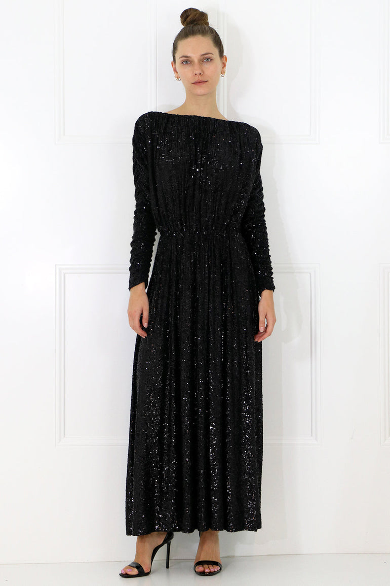 SAINT LAURENT RTW SEQUINED MAXI DRESS L/S BLACK