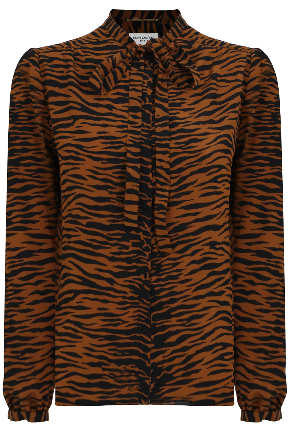 SAINT LAURENT RTW TIGER PRINT TIE UP BLOUSE BROWN