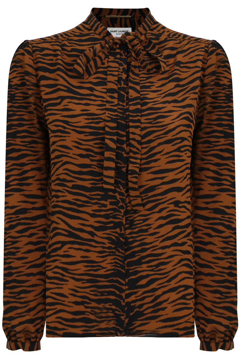 SAINT LAURENT RTW TIGER PRINT TIE UP BLOUSE BROWN