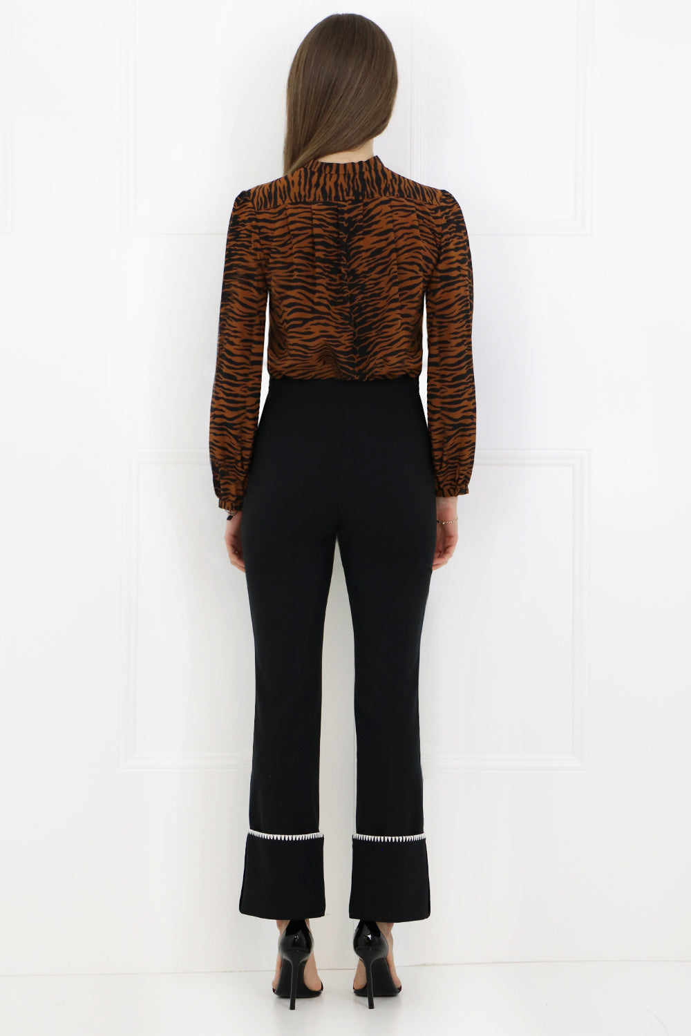 SAINT LAURENT RTW TIGER PRINT TIE UP BLOUSE BROWN