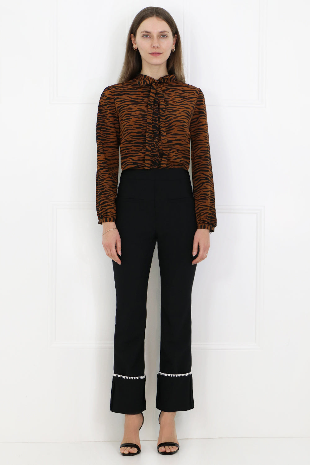 SAINT LAURENT RTW TIGER PRINT TIE UP BLOUSE BROWN