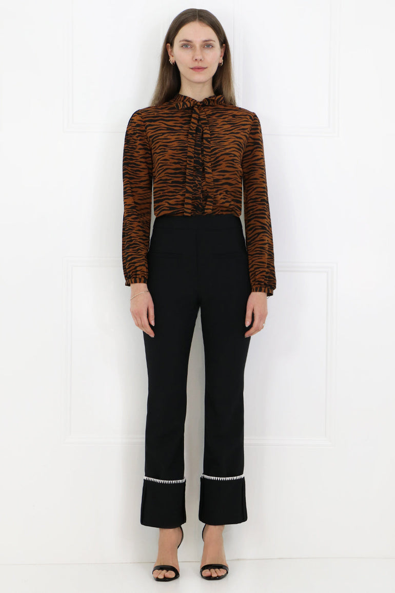 SAINT LAURENT RTW TIGER PRINT TIE UP BLOUSE BROWN