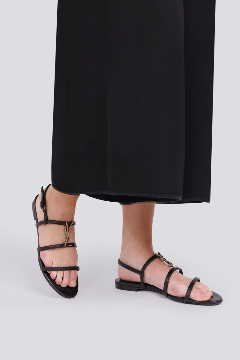 SAINT LAURENT CASSANDRA FLAT MONOGRAMME SANDALS BLACK NEW SEASON
