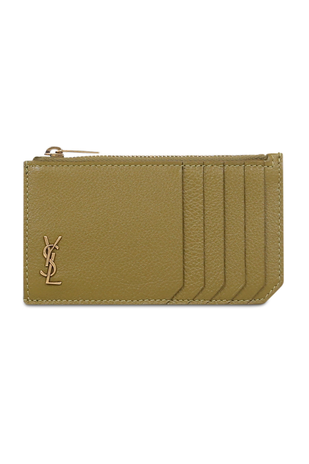 SAINT LAURENT SMALL LEATHER GOODS GREEN ZIPPED CARDHOLDER OLIVE/GOLD