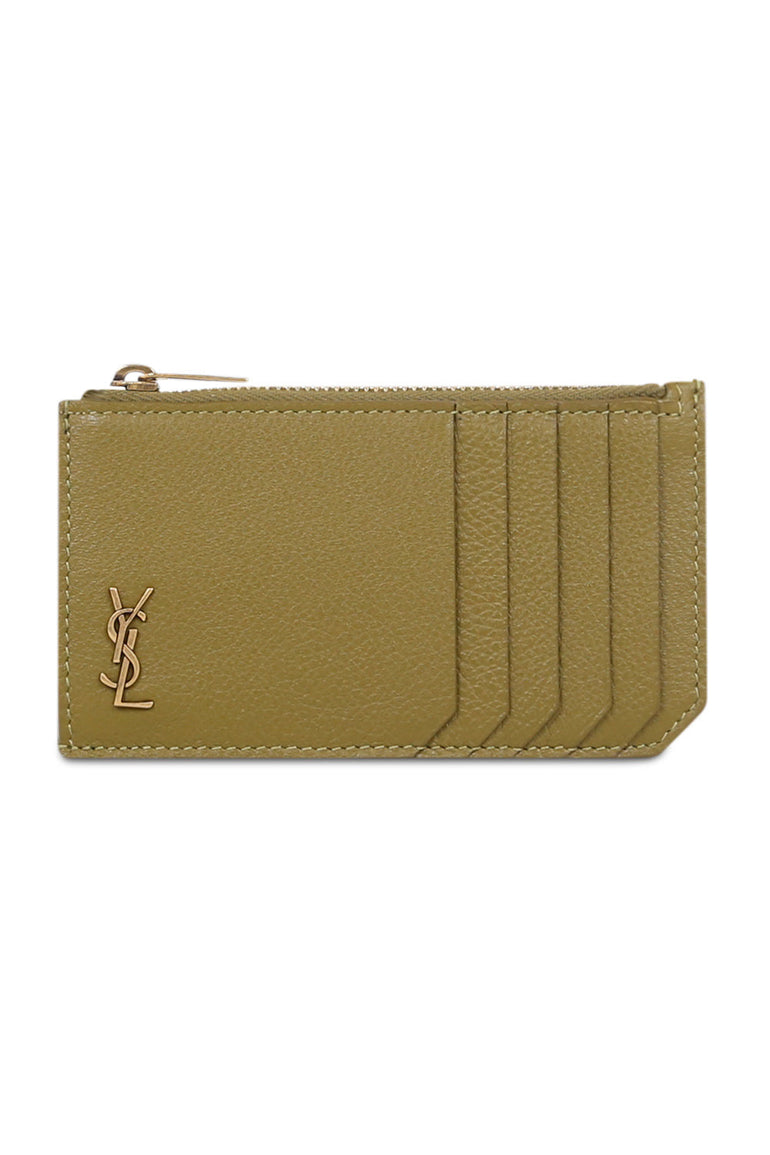 SAINT LAURENT SMALL LEATHER GOODS GREEN ZIPPED CARDHOLDER OLIVE/GOLD