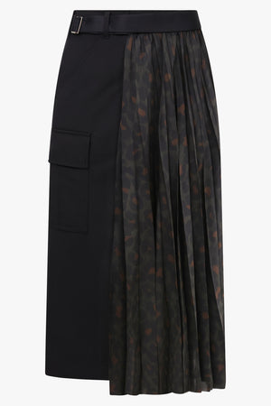 Leopard Print Pleat X Suit Midi Skirt | Black/Khaki