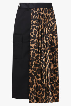 Leopard Print Pleat X Suit Midi Skirt | Black/Beige
