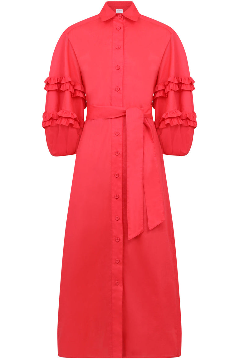 SPARROWS WEAVE DRESSES LONG BALLOON DRESS FRILL SLEEVE WITH BELT RED