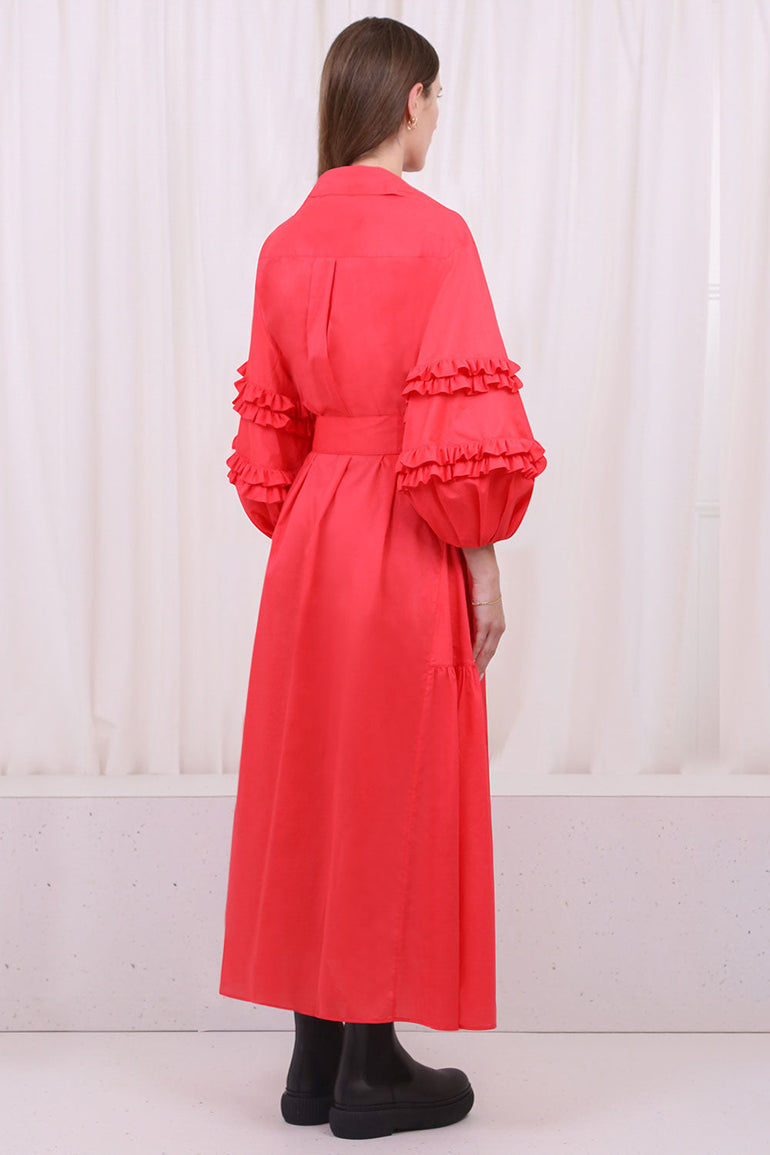 SPARROWS WEAVE DRESSES LONG BALLOON DRESS FRILL SLEEVE WITH BELT RED