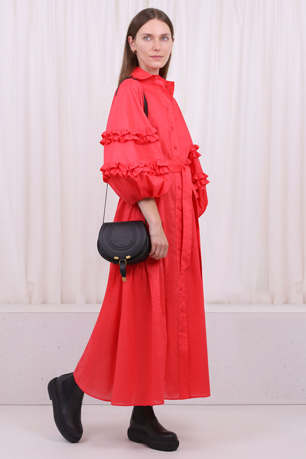 SPARROWS WEAVE RTW LONG BALLOON DRESS FRILL SLEEVE WITH BELT RED