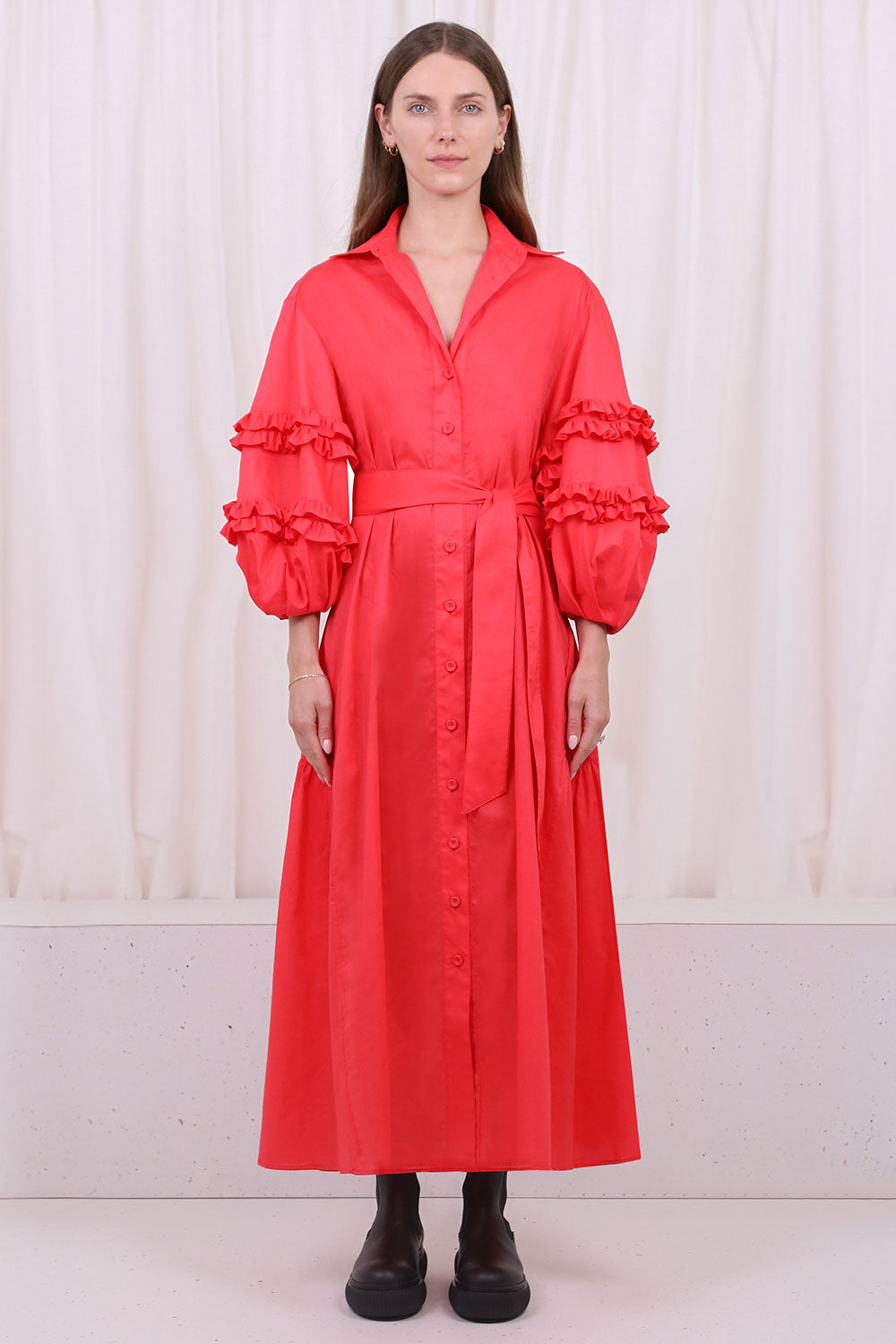 SPARROWS WEAVE RTW LONG BALLOON DRESS FRILL SLEEVE WITH BELT RED